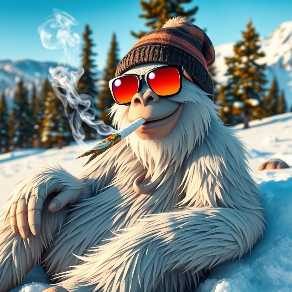 A cool yeti sitting casually on a snowy mountain, exhaling a cloud of smoke from a colorful marijuana joint