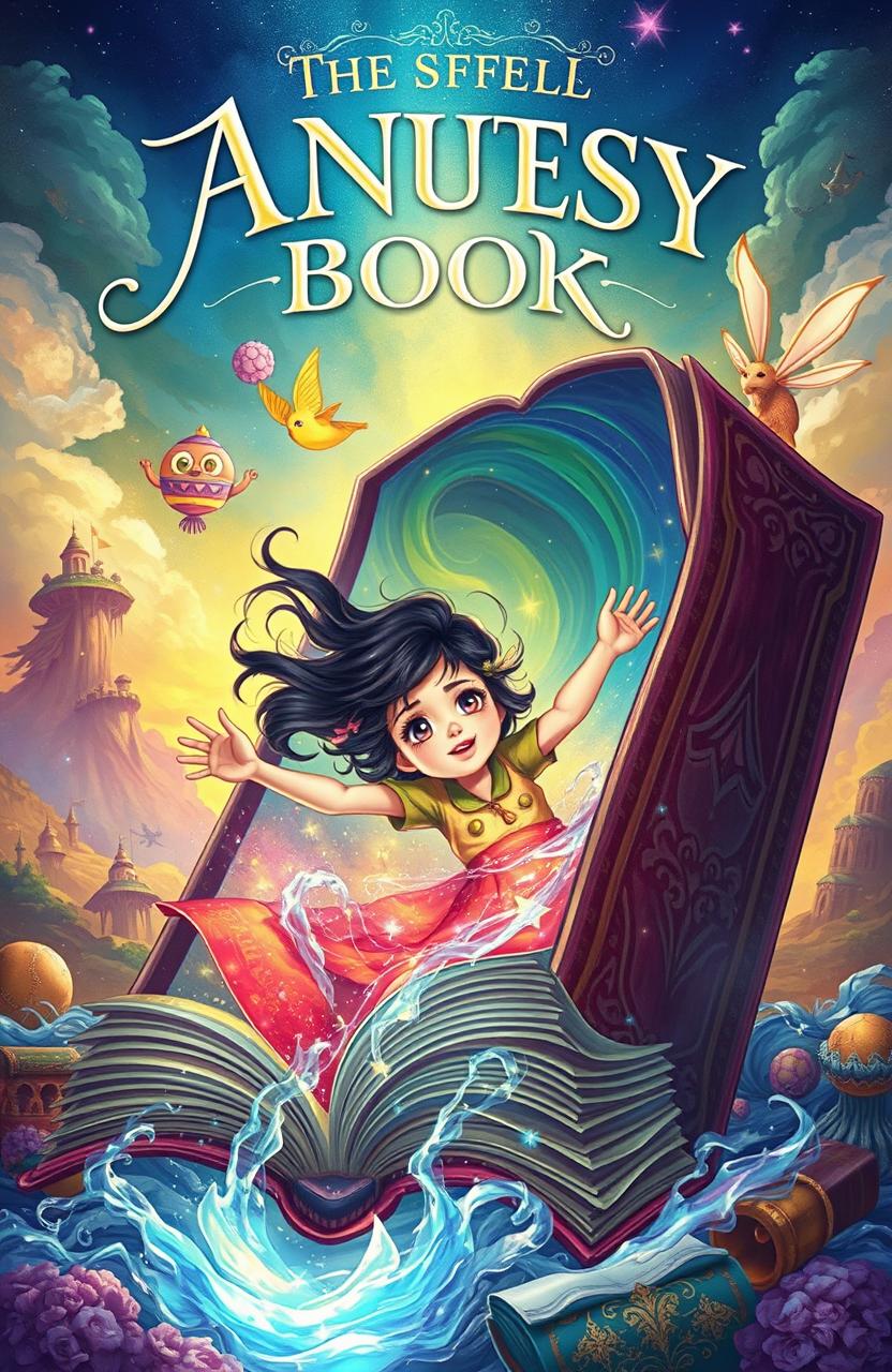 A vibrant and captivating book cover illustration of a girl being magically sucked into a large, ornate book