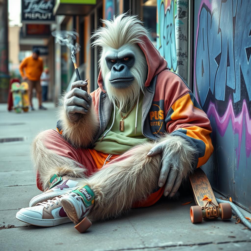 A cool yeti embodying street style, lounging on an urban sidewalk with graffiti art in the background