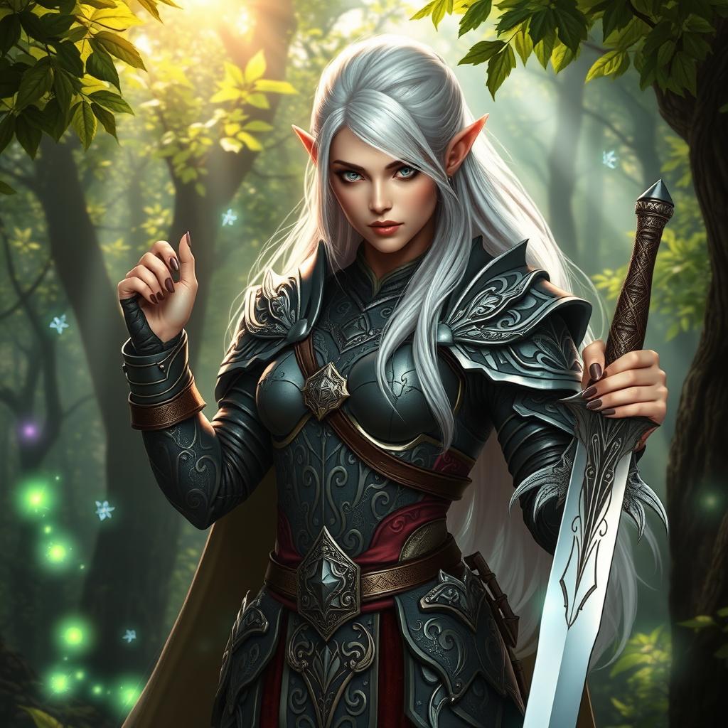 A powerful female elf warrior with striking white hair, clad in intricate, intricately designed armor that reflects her noble heritage