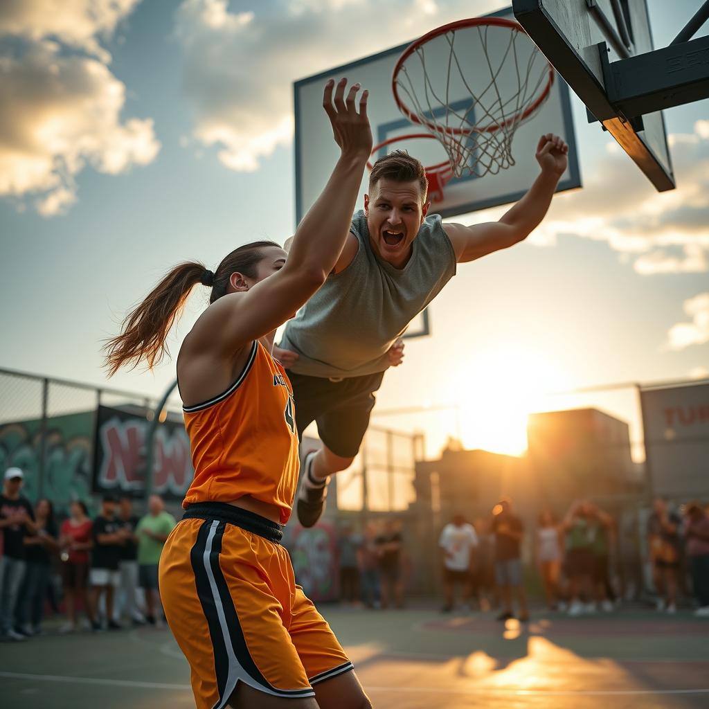 A dynamic scene capturing an athletic woman with an intense expression throwing a man towards a basketball hoop during a game
