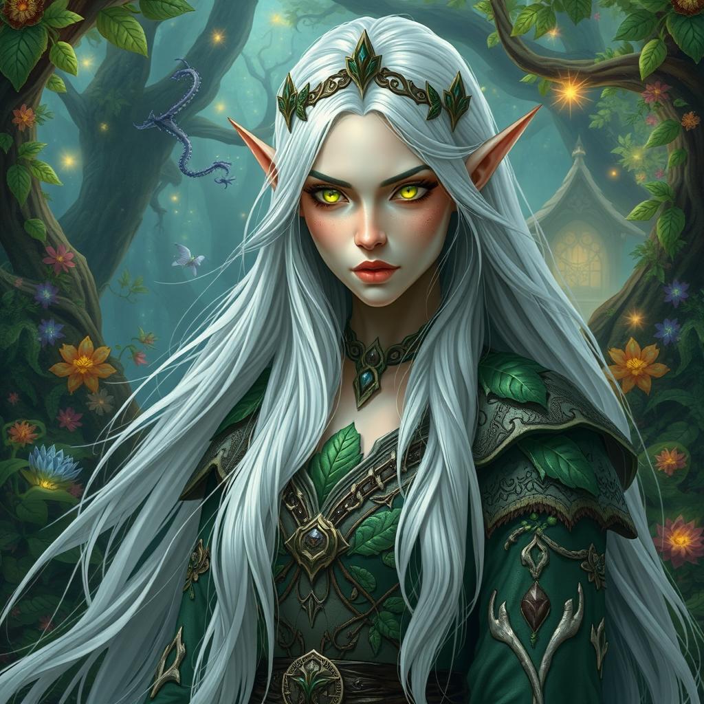 A noble chaotic good forest elf sorceress with long flowing white hair, dressed in intricate, nature-inspired robes adorned with leaves and mystical symbols