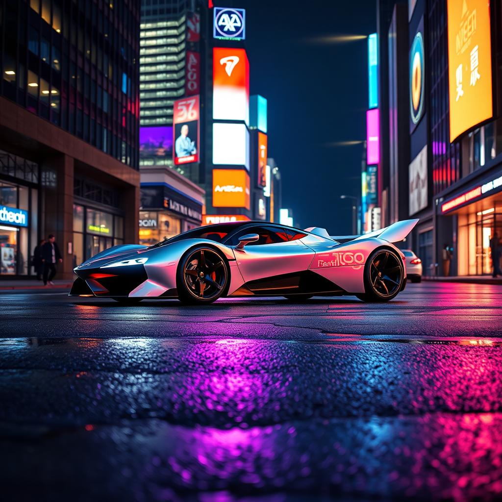 A sleek, futuristic sports car with white wings, parked on a reflective urban street at night