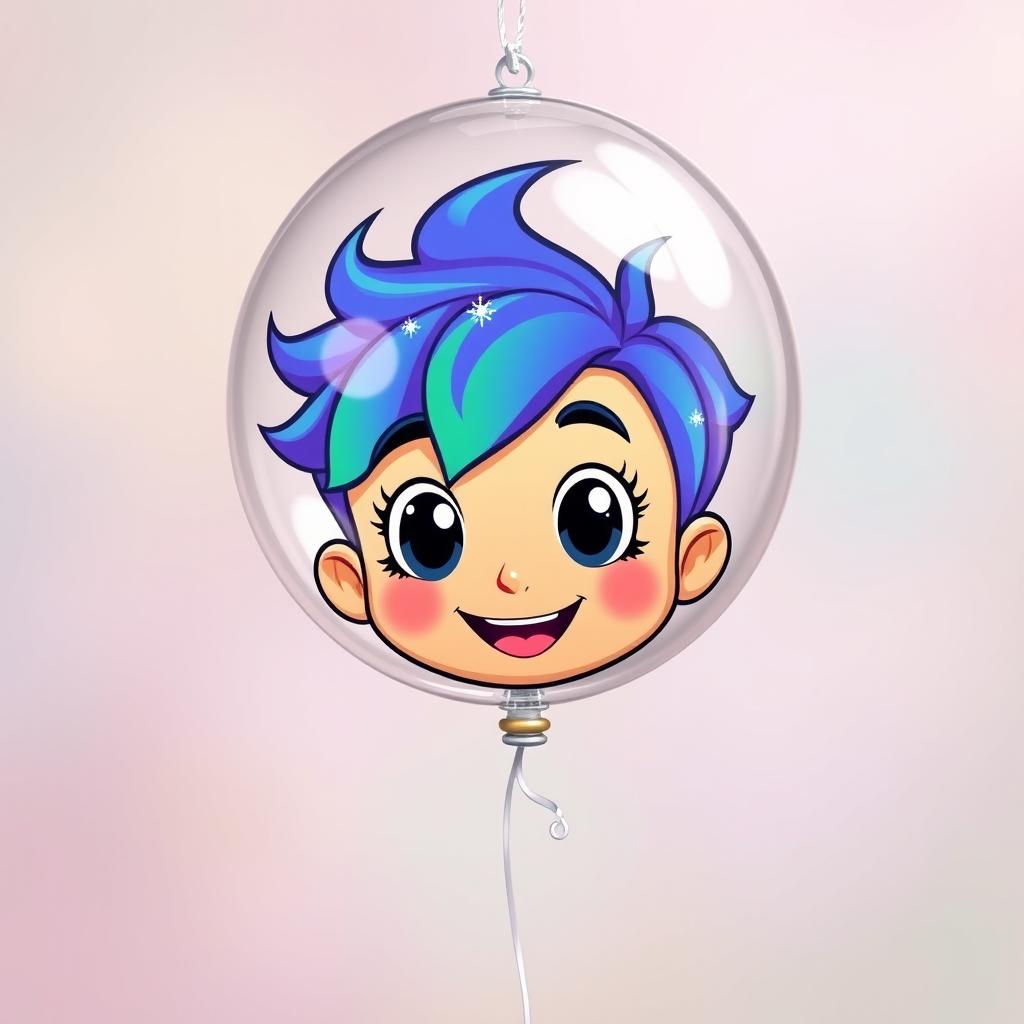 A whimsical floating head balloon token featuring a cartoonish, colorful head with large expressive eyes and a cheerful smile