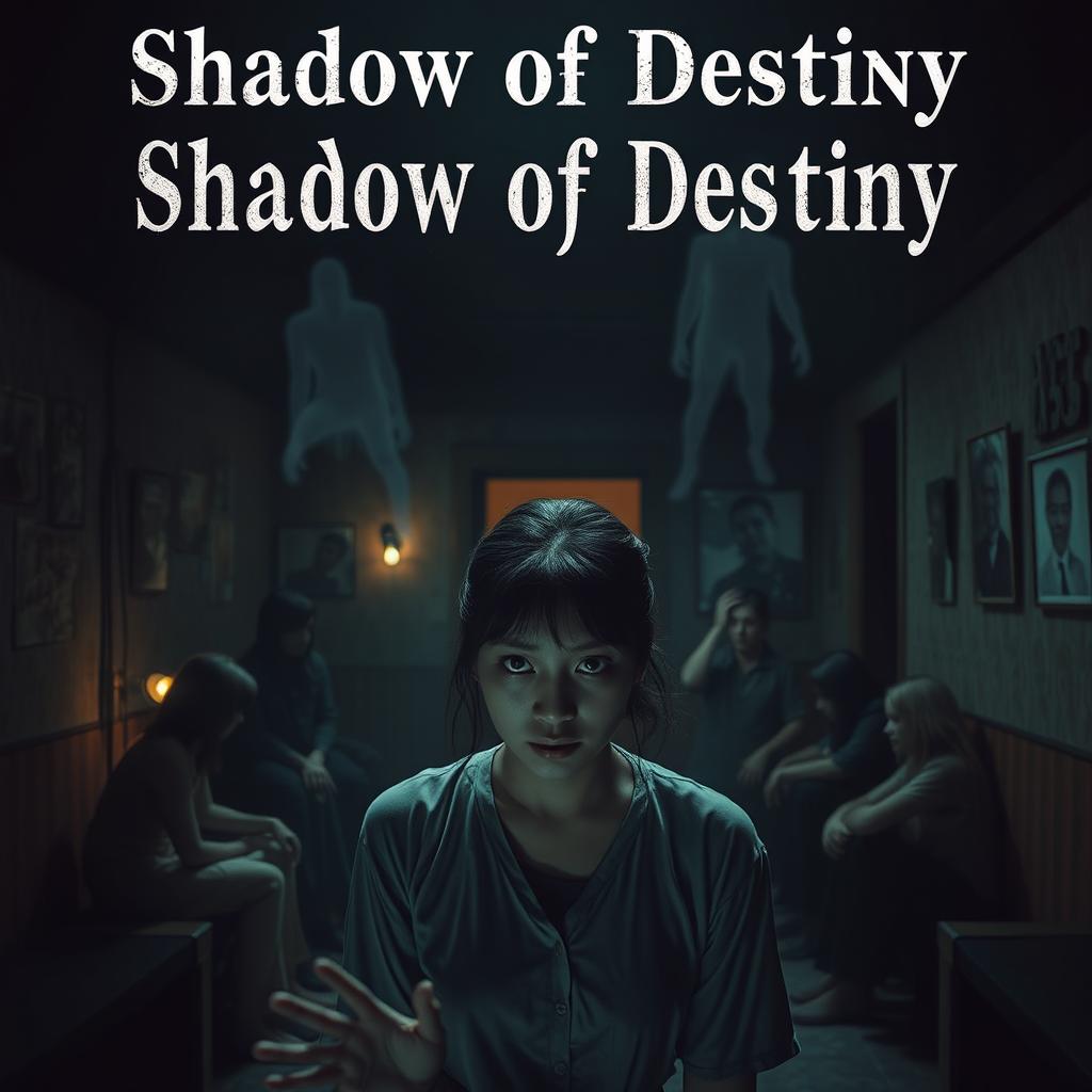 A haunting scene set in an abandoned hotel, where a group of volunteers is gathered in a dimly lit room, filled with tension as they prepare for a psychological experiment
