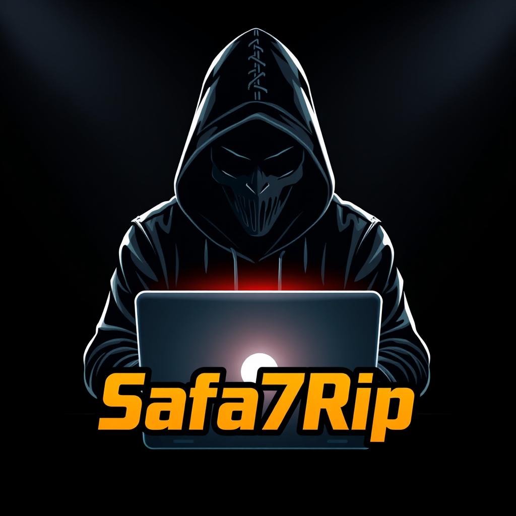A visually striking and grandiose logo design featuring a mysterious hacker figure wearing a dark hoodie, their face partially obscured to enhance the sense of anonymity and fear