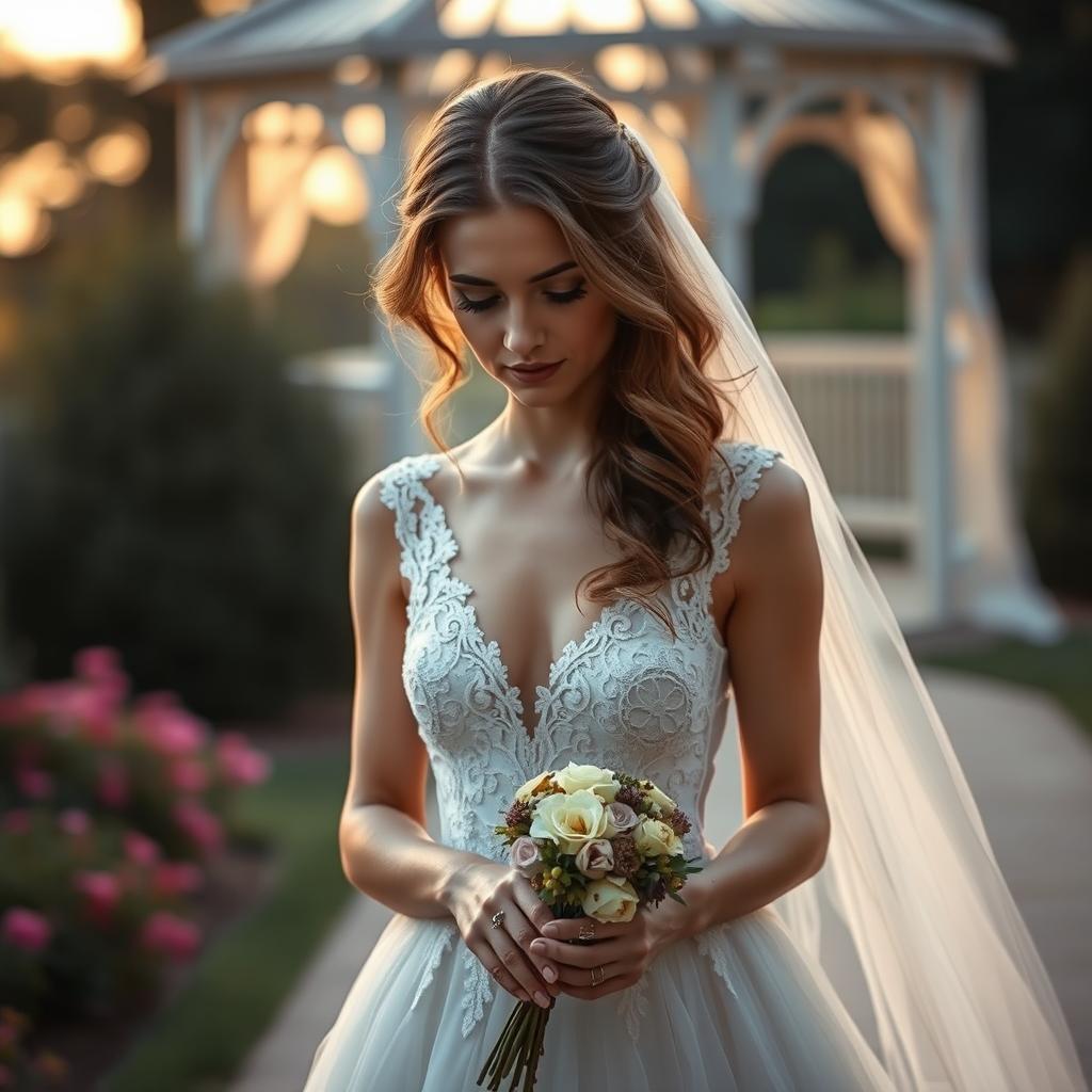 A woman wearing a flowing, elegant wedding dress, standing in a beautiful, softly lit garden