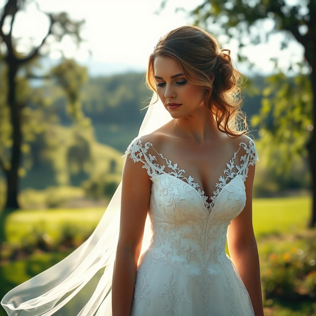 A heartbroken woman in an elegant wedding dress, standing alone in a beautiful outdoor setting, surrounded by lush greenery and soft sunlight filtering through the trees