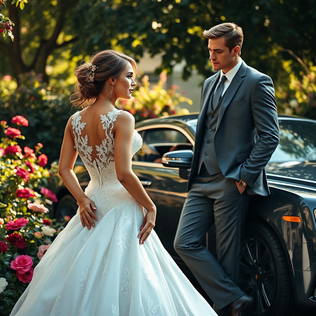 A romantic and dramatic scene depicting a stunning bride in an elegant wedding dress, shimmering in white lace and silk, standing in a lush garden with vibrant flowers blooming around her