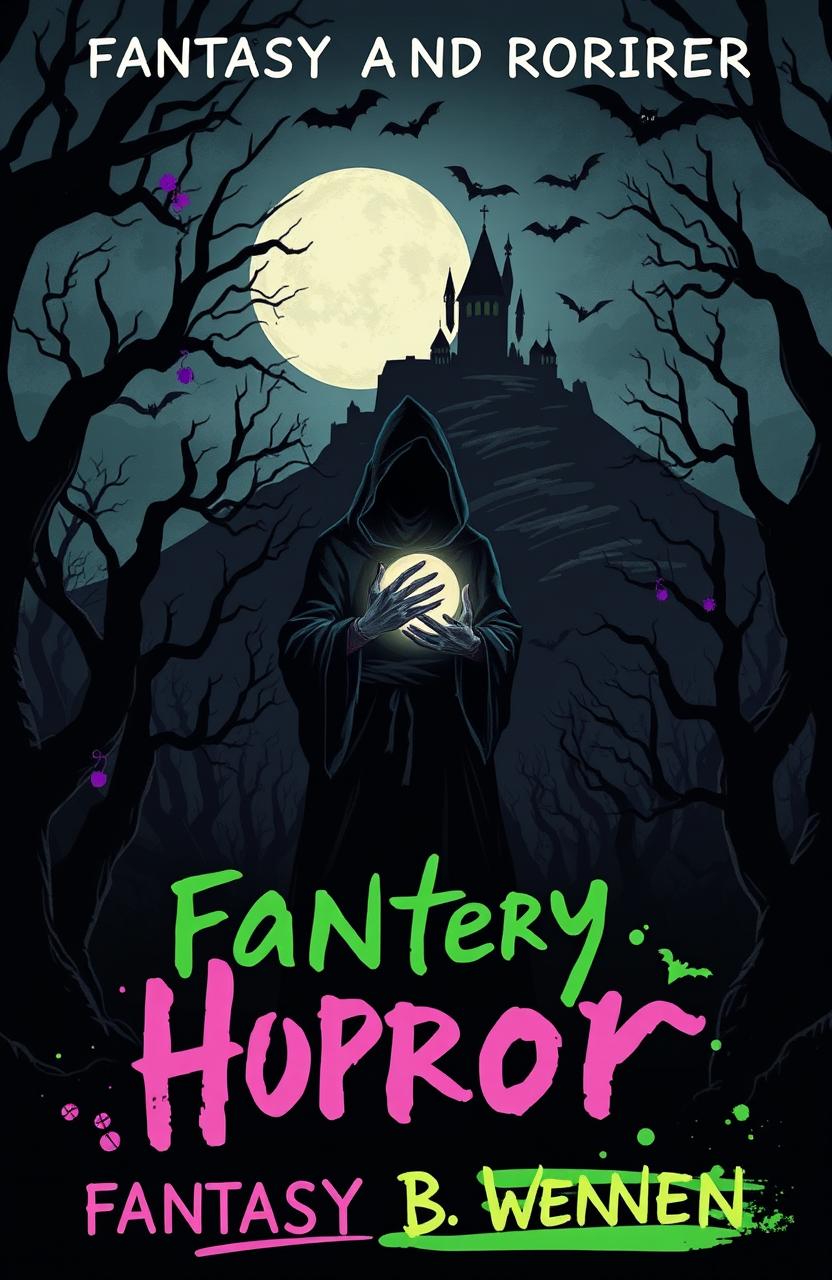 A book cover design for a fantasy and horror novel, featuring a dark forest with twisted trees and eerie shadows