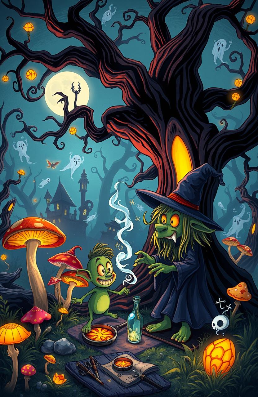 A vibrant and eerie fantasy horror cartoon scene depicting a whimsical yet spooky forest