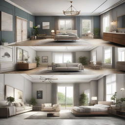 A spacious home interior featuring six rooms, each with unique decor and furnishings. One of these rooms should be a polished kitchen, another a well-appointed dining room, and one should be a sophisticated bathroom.