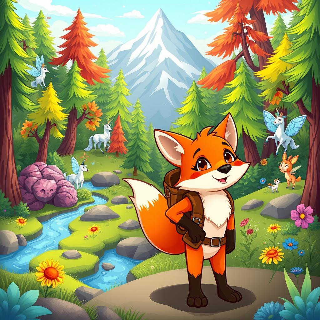 a vibrant and whimsical cartoon scene featuring colorful anthropomorphic animals on an adventure in an enchanted forest