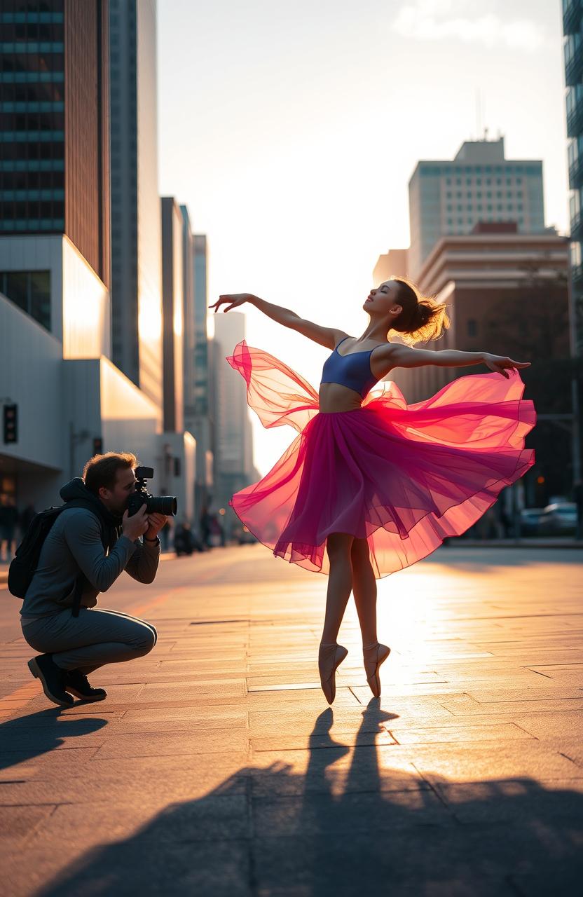 A graceful dancer performing an elegant ballet pose on a city street, wearing a flowing, vibrant dress that billows in the wind