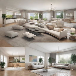 A spacious home interior featuring six rooms, each with unique decor and furnishings. One of these rooms should be a polished kitchen, another a well-appointed dining room, and one should be a sophisticated bathroom.