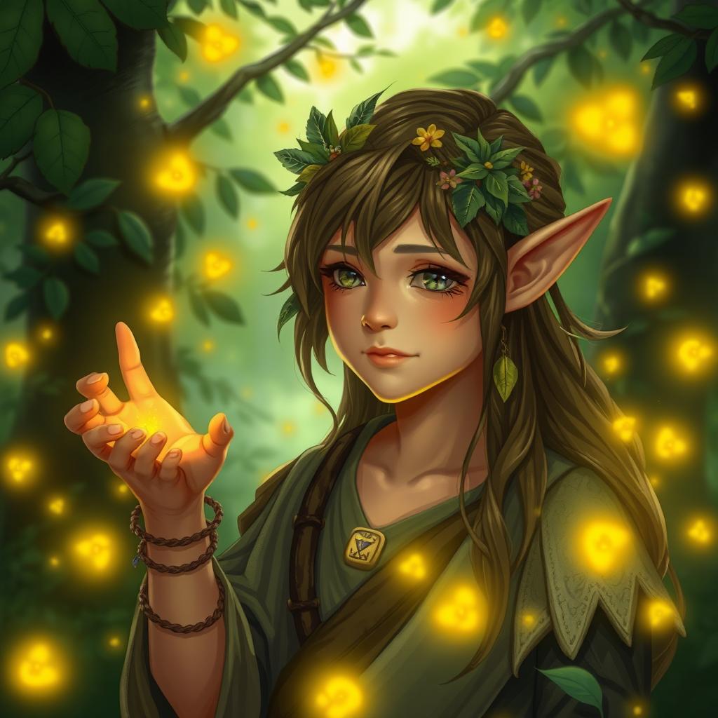 A young male wild druid elf surrounded by glowing fireflies in a lush green forest background