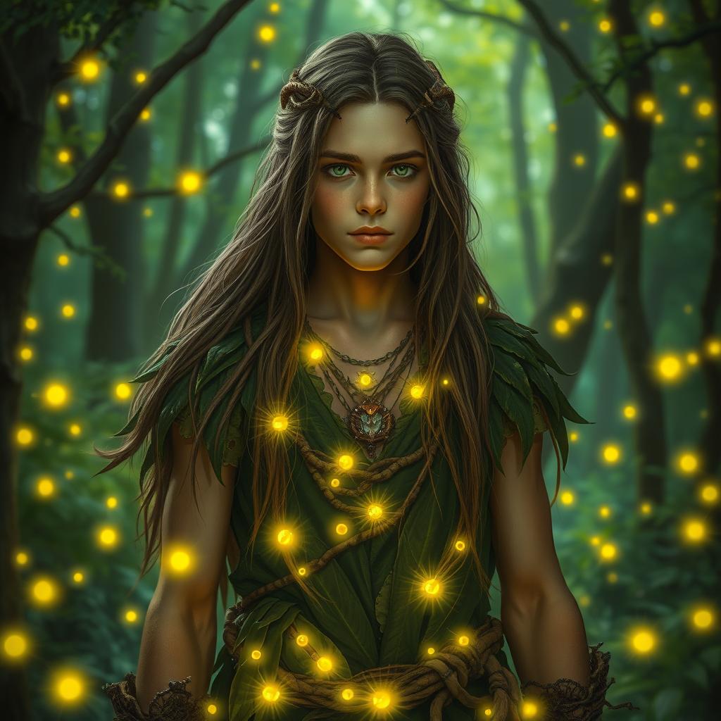 A young male wild druid with long flowing hair, wearing earthy garments made of leaves and vines, surrounded by a swarm of glowing fireflies