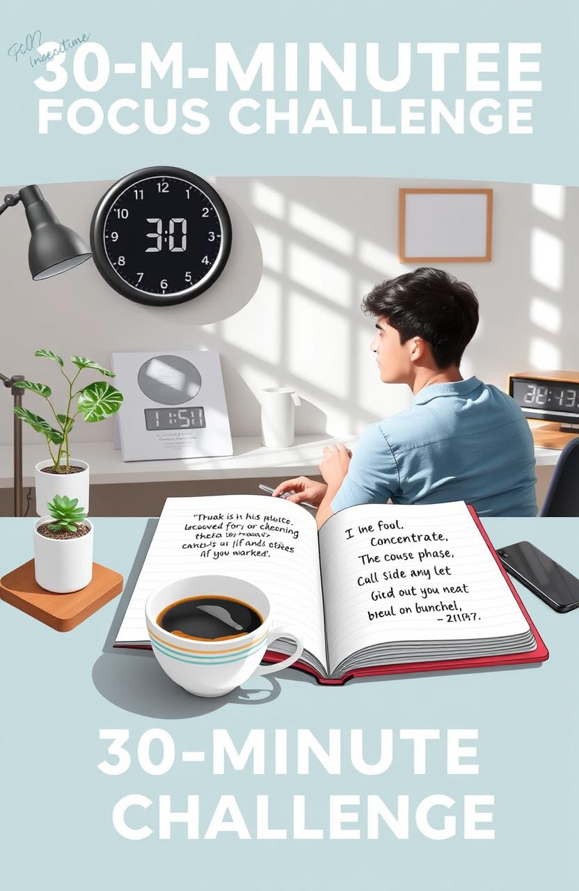 A visually engaging and motivational design illustrating the '30-Minute Focus Challenge'