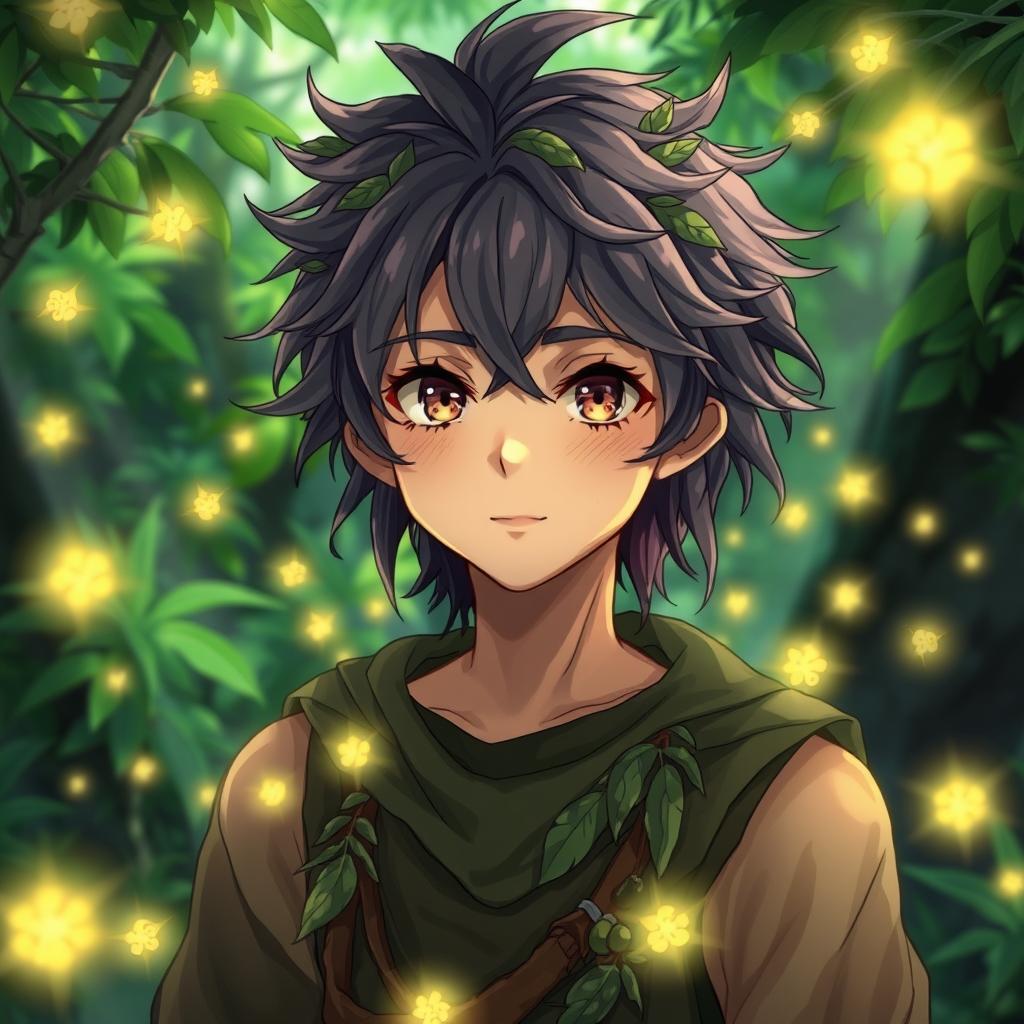 A young male wild druid character in an anime style, surrounded by glowing fireflies in a lush green forest background