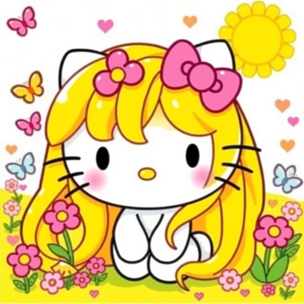 A cute Hello Kitty character featuring long, flowing yellow hair, wearing her classic pink bow, a cheerful expression on her face, and surrounded by whimsical, colorful elements like flowers and butterflies, set in a vibrant, sunny background