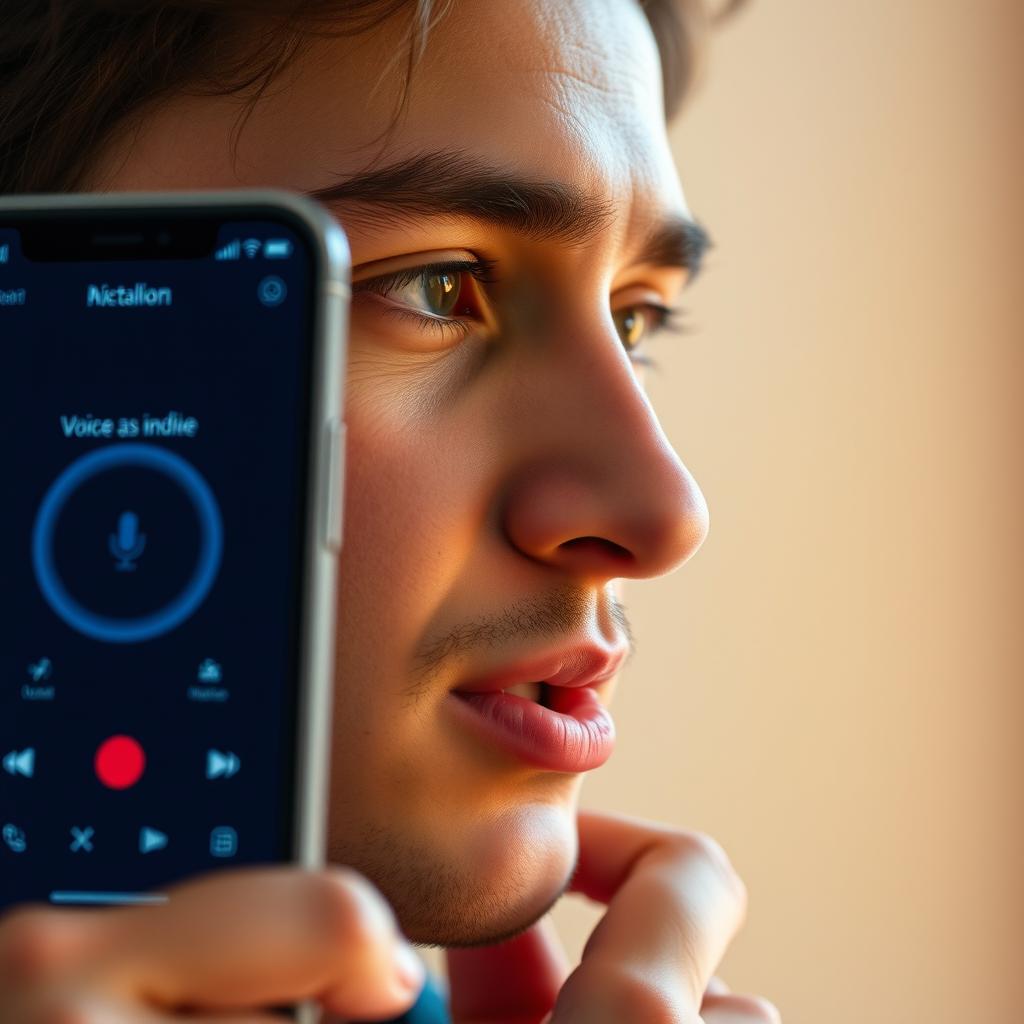 A user speaking intently into a smartphone, showcasing a close-up of their mouth and the phone screen displaying a voice input app interface