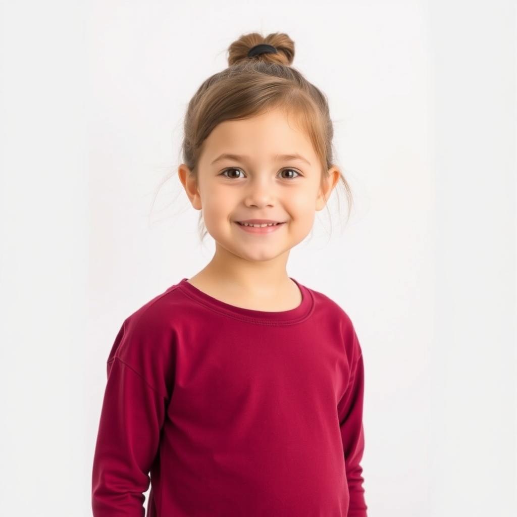 A five-year-old girl wearing a plain maroon full-sleeve T-shirt that is slightly loose but not overly baggy or tight