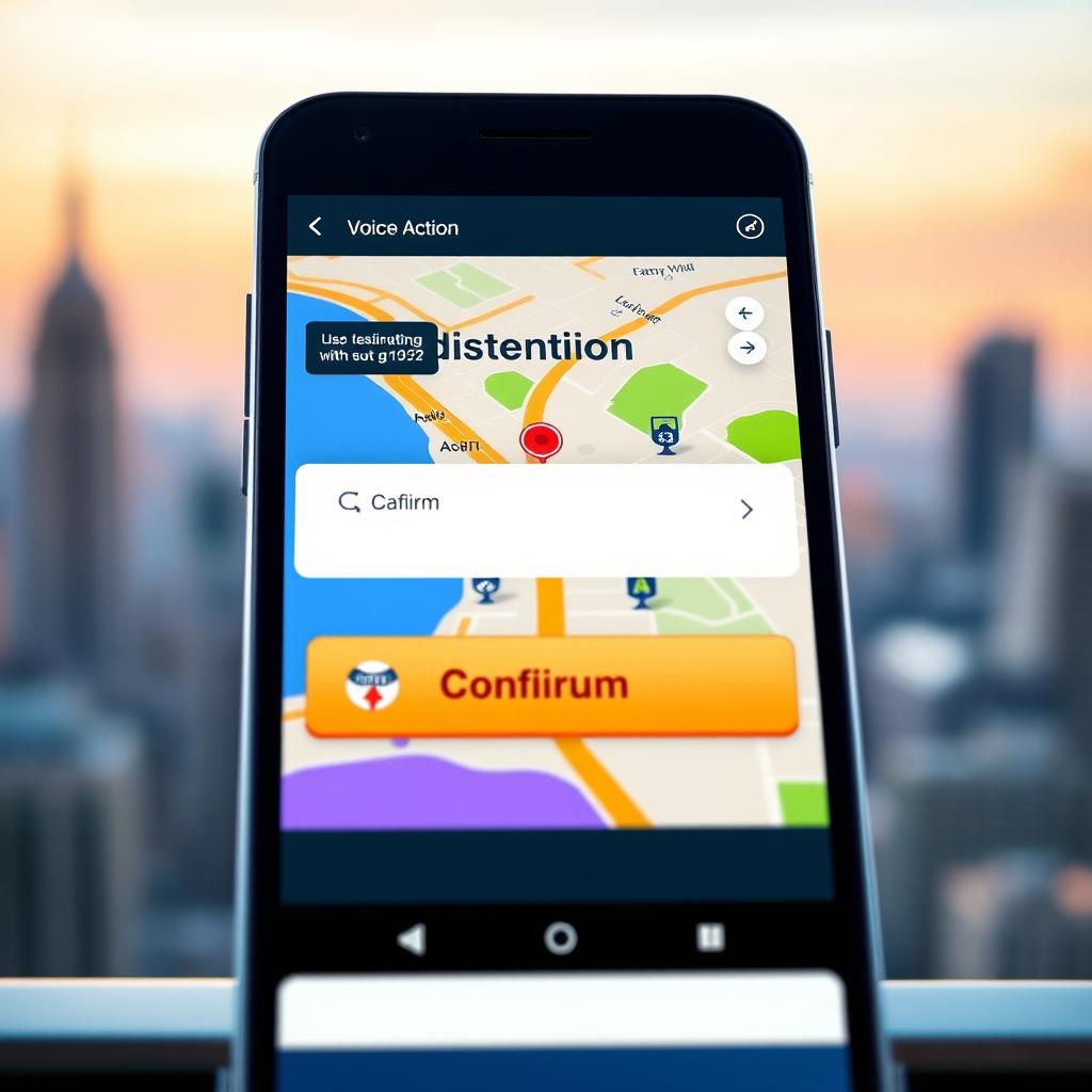 A smartphone app interface prominently displaying a destination highlighted on a map, with a large, clear confirmation button below
