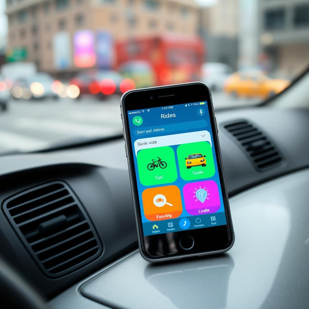 A smartphone app interface showcasing various ride options for the user, with colorful icons representing different types of vehicles (like car, bike, and taxi)