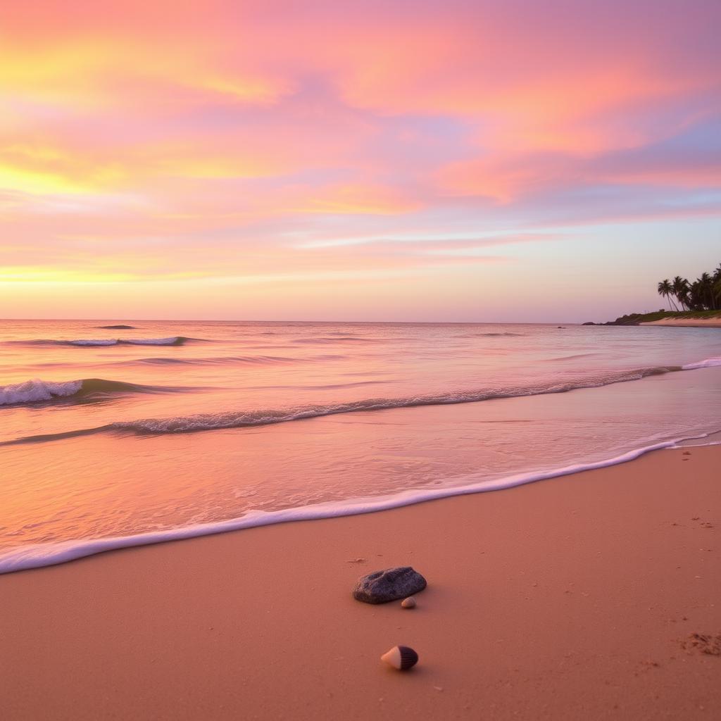 A serene beach landscape during sunset