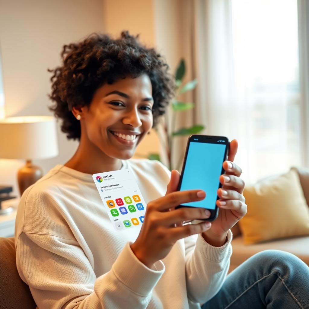 A user in a bright, modern room confidently confirming ride options on their smartphone by using a voice command