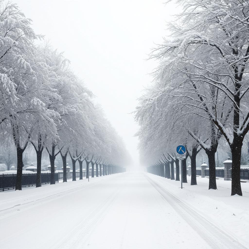 A serene snowy day scene depicting a quiet street lined with two rows of snow-covered trees on either side