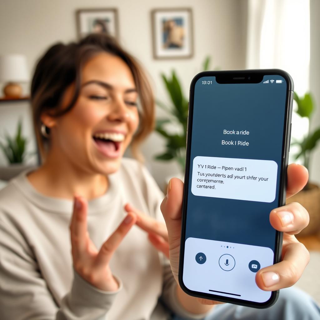 A user excitedly booking a ride using their smartphone with a voice command