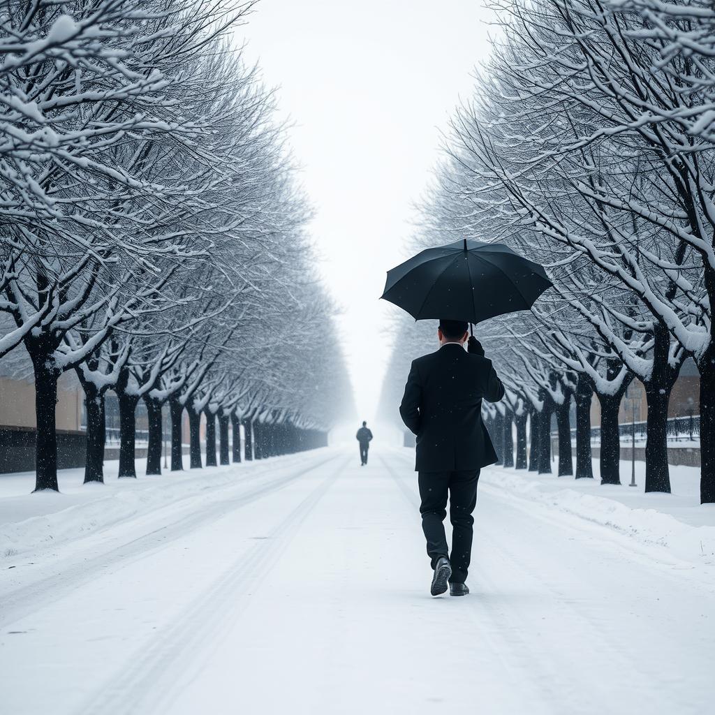 A tranquil snowy day scene featuring a quiet street flanked by two rows of trees, both heavily laden with fresh snow