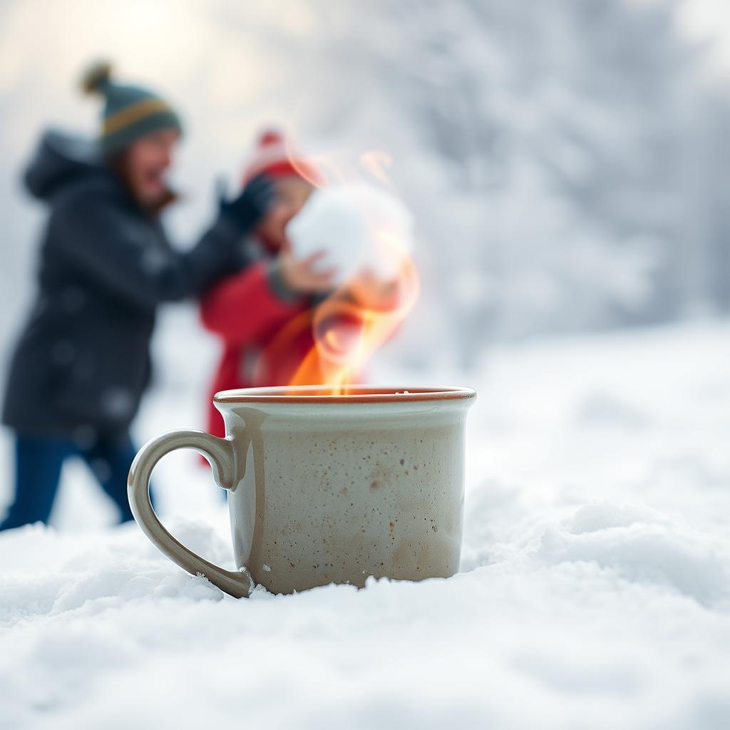 A cozy cup emitting hot steam, placed in a serene snowy environment