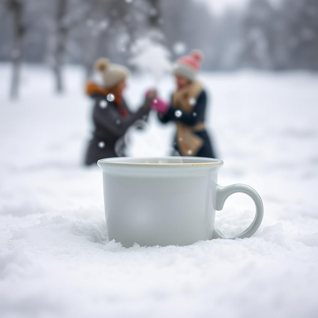 A close-up of a cup in a snowy environment, with hot steam rising from the cup