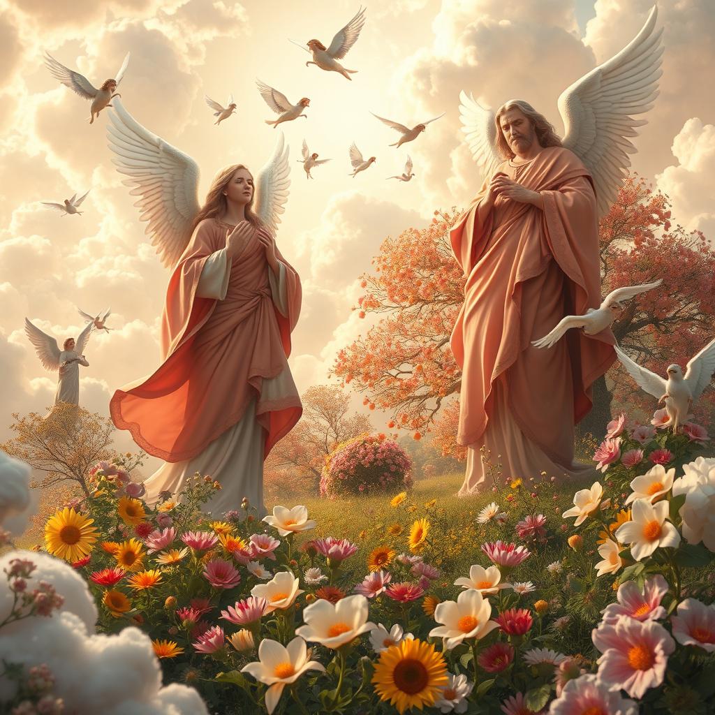 A stunning depiction of a heavenly landscape filled with ethereal beauty