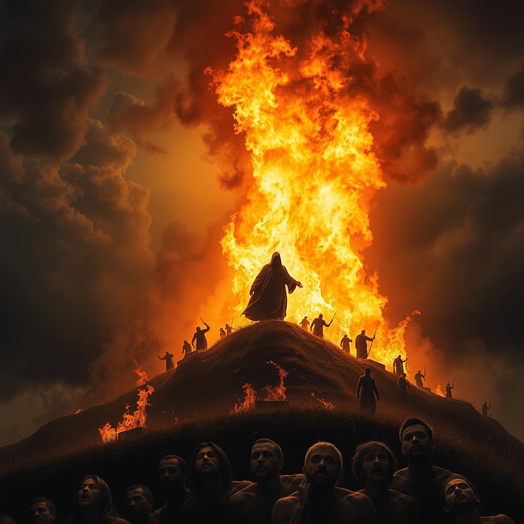 A dramatic scene set on a hill engulfed in rising flames, casting an ominous glow over the landscape