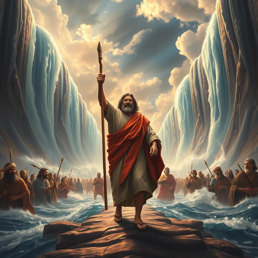 A powerful and dramatic scene depicting the biblical moment when Moses parts the Red Sea to lead his people to safety