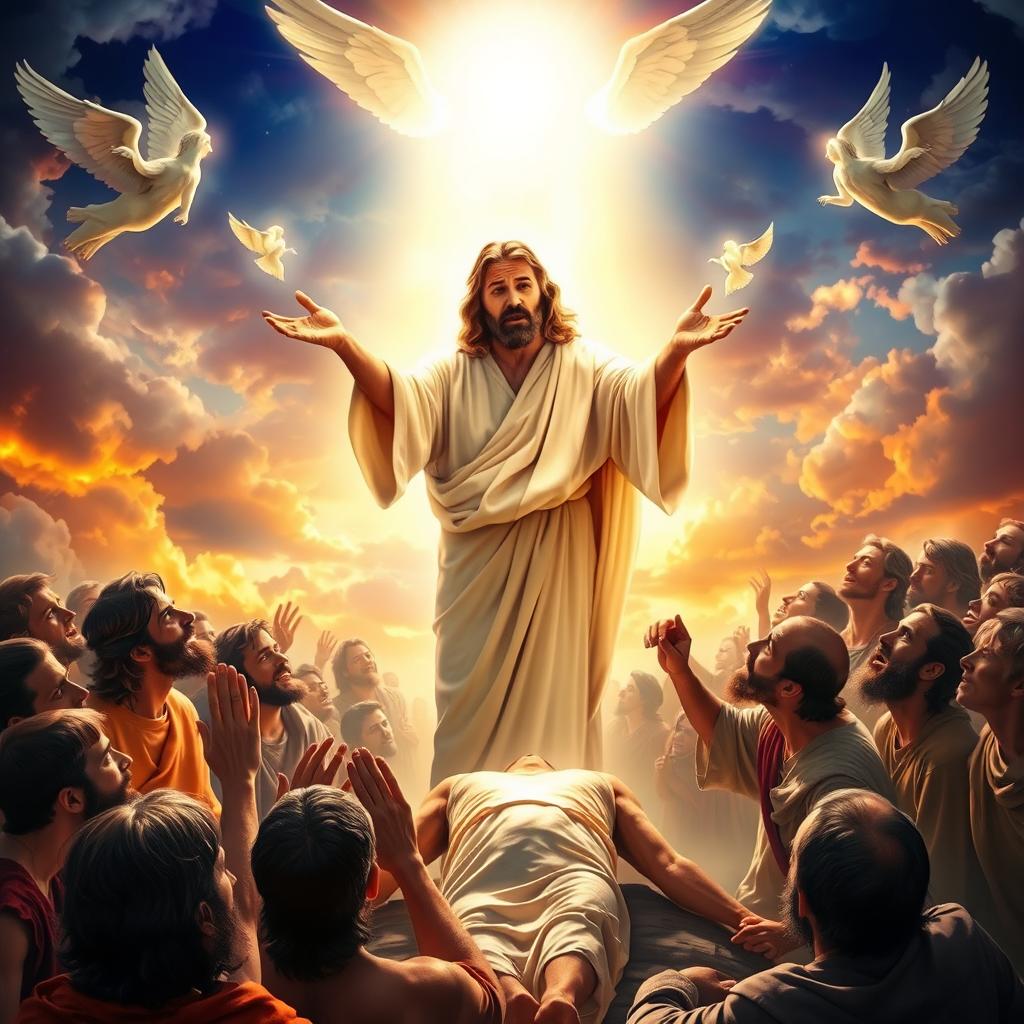 A powerful and dramatic scene depicting Jesus performing the miracle of raising a dead body to life