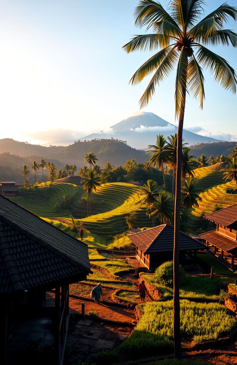 A breathtaking landscape of West Sumatra featuring the lush green hills and rice terraces iconic to the region, with traditional Minangkabau architecture in the foreground