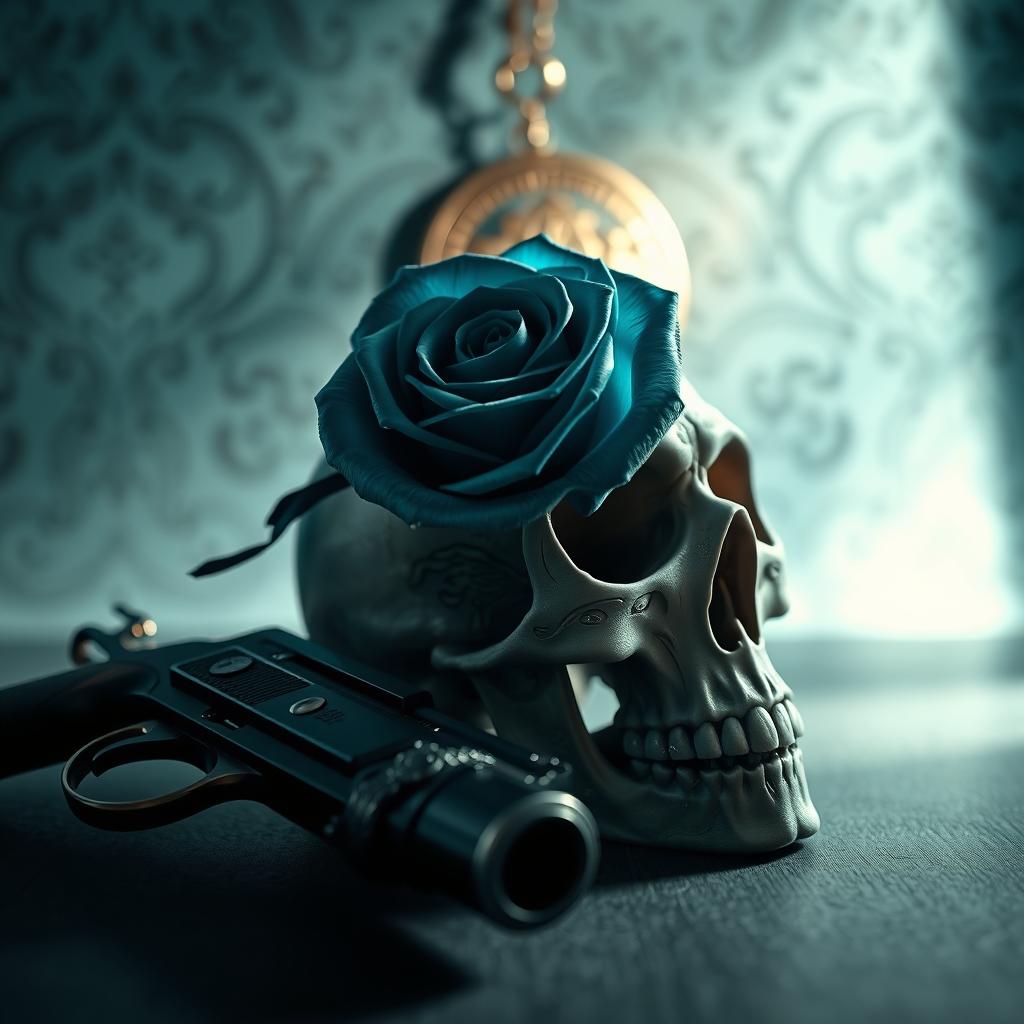 A dark romance scene set in a gothic atmosphere with rich teal colors