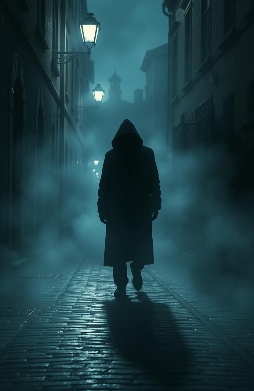 A mysterious shadow looming in a dimly lit alleyway, partially shrouded in mist, creating an eerie and enigmatic atmosphere