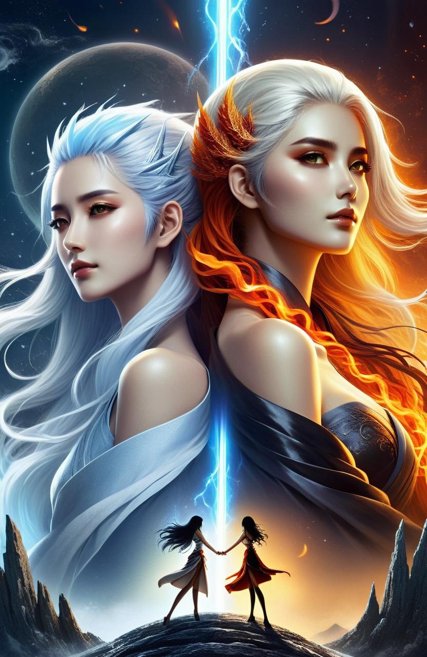 Create an anime style cover. Two tall, slender strikingly beautiful woman embracing each other in a loving manner, wearing cultivation robes. One has white, slivery-bluish hair, the one has Dark fiery orange with black shades hair.