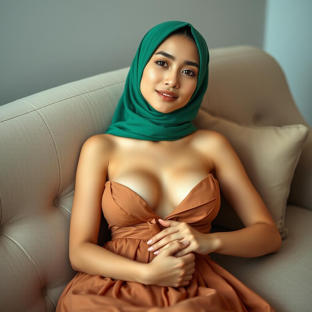 A beautiful 20-year-old Indonesian girl with an American face and white skin, lying gracefully on a stylish sofa