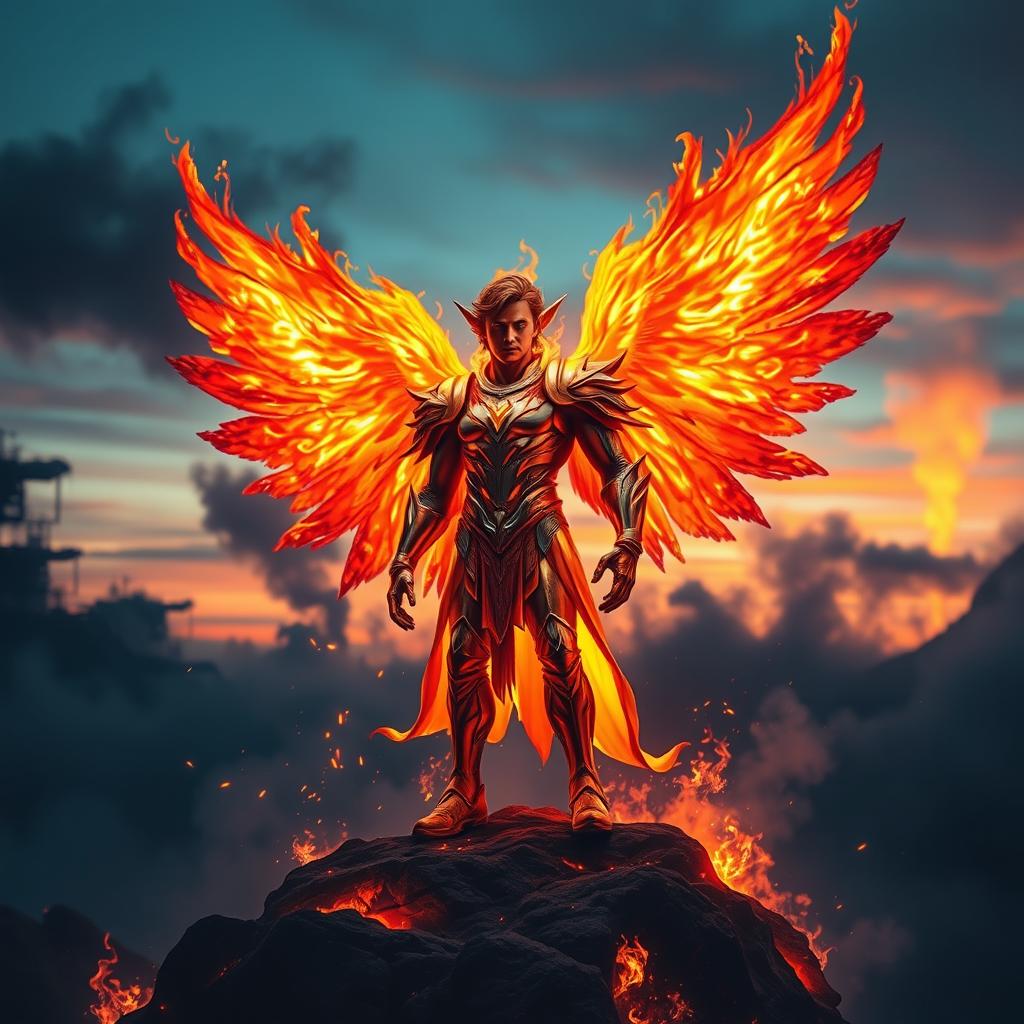 A striking image of a fire-themed angel, with wings made of vibrant flames, glowing in a mix of orange, red, and yellow hues