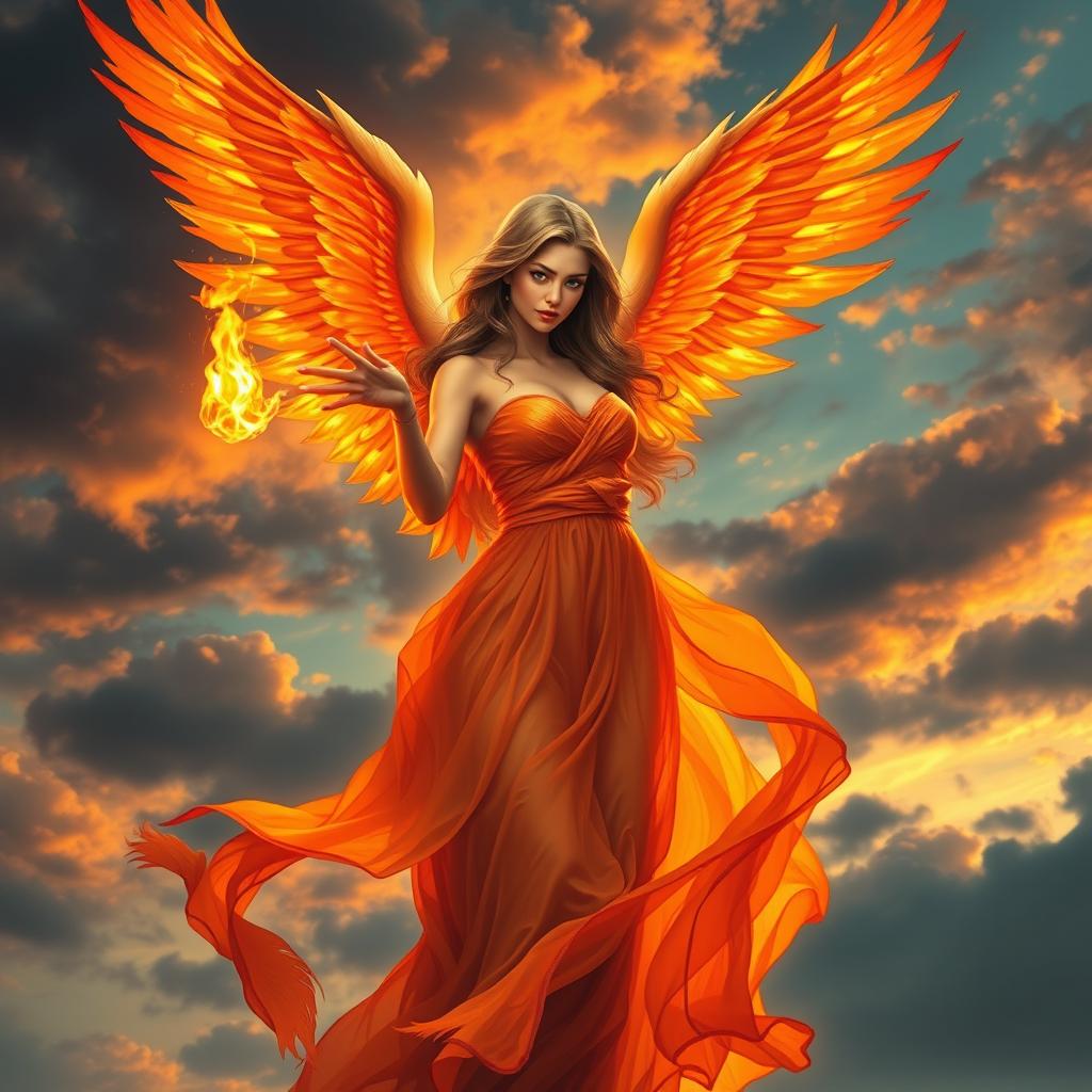 A female angel with fiery wing accents, holding a blazing flame in her hand, adorned in a flowing, ethereal gown that shimmers with shades of orange and red