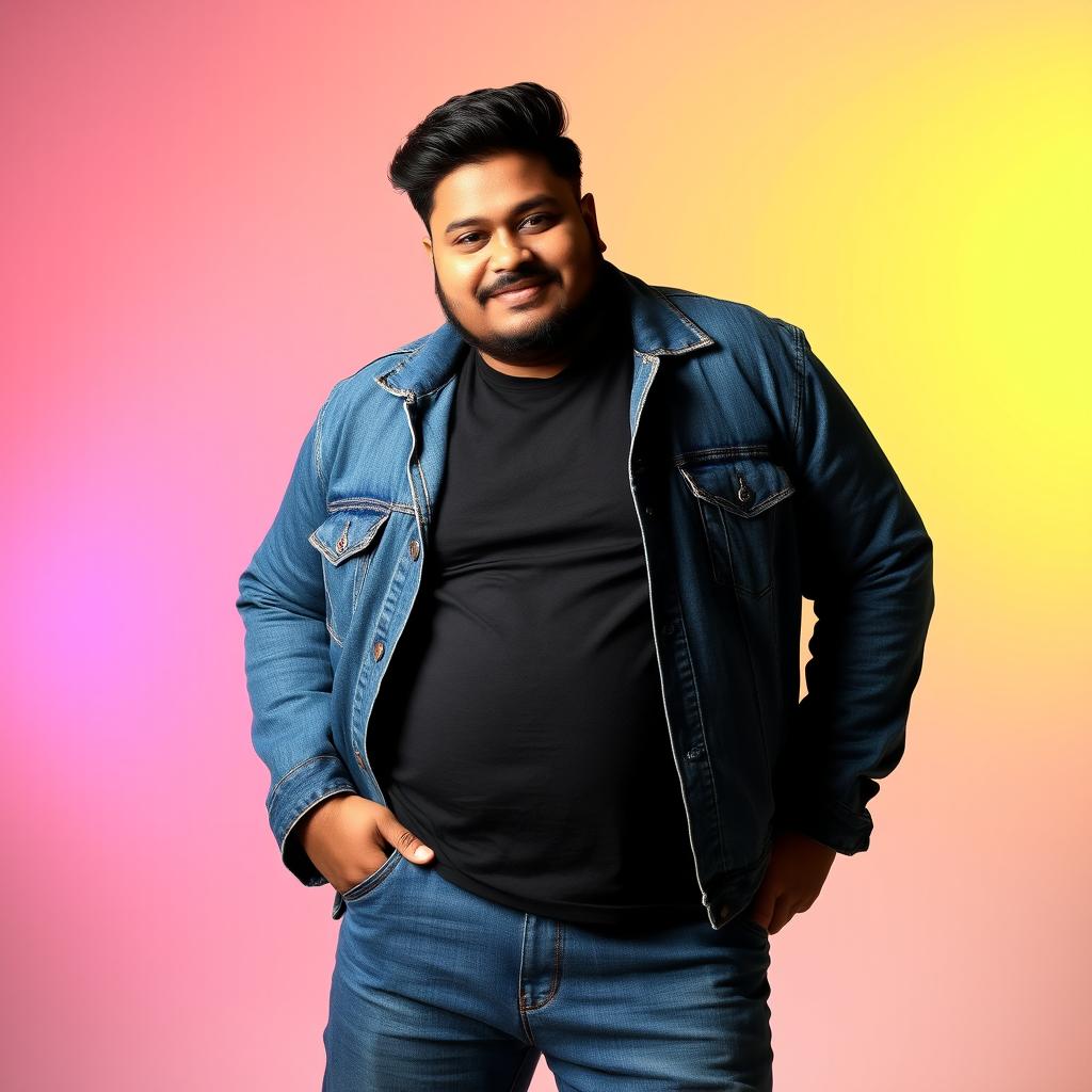A handsome Assamese male singer with a plush size, striking a cool pose during a photoshoot
