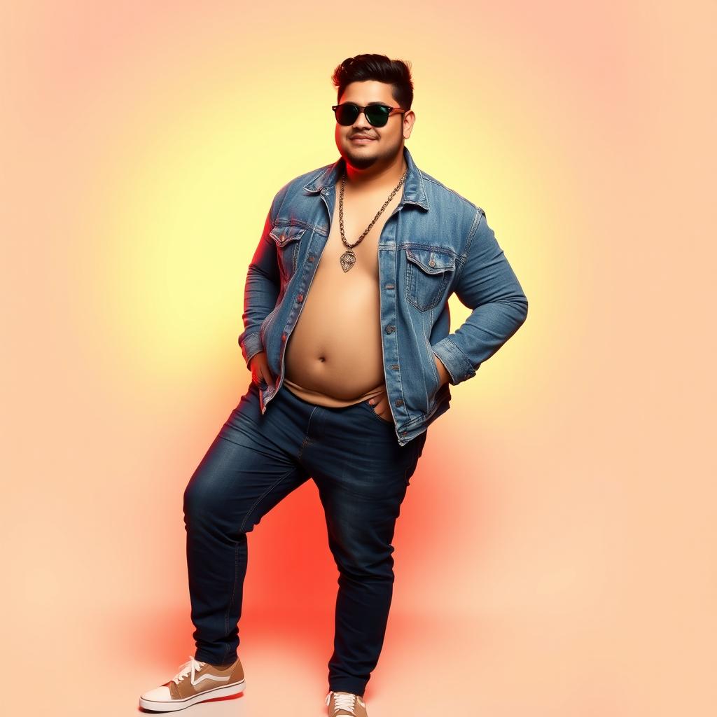A handsome Assamese male singer with a plush size, wearing a stylish denim jacket and matching denim pants, paired with beautiful footwear
