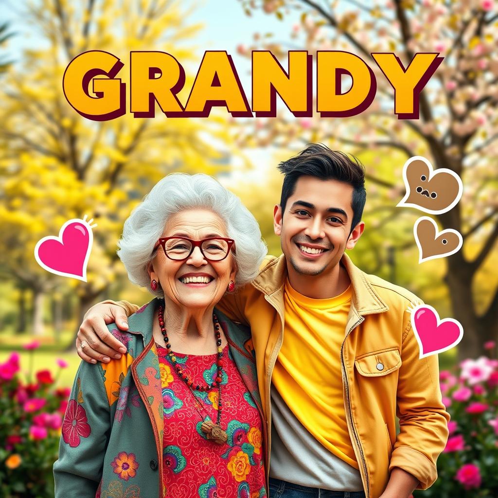 A colorful and dynamic film poster showcasing a vibrant relationship between an elderly woman and a young gay man