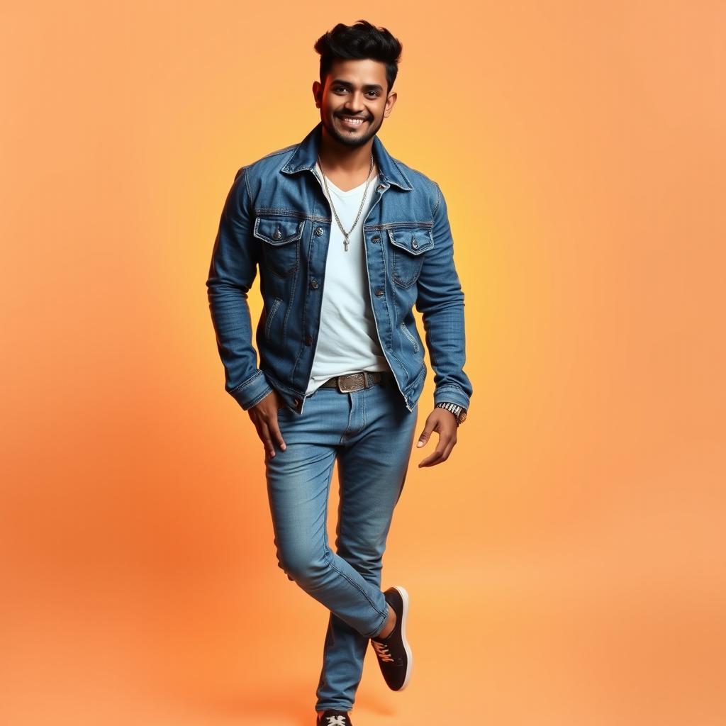 A handsome Assamese heavy male singer wearing a striking denim jacket and matching denim pants, complemented by stylish footwear